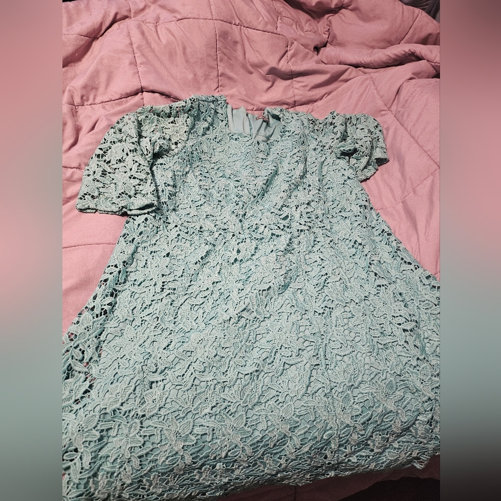 Jessica London Teal Floral Lace Overlay Dress